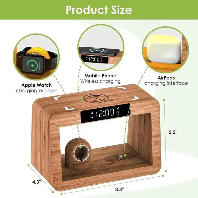 Alt view image 6 of 7 - JAENFONG Bamboo Wireless Charging Station Night Light with Digital Alarm Clock Nightstand Charging Station for Devices Fast Wireless Charger for iPhone/ Watch/