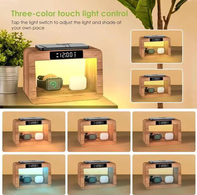 Alt view image 3 of 7 - JAENFONG Bamboo Wireless Charging Station Night Light with Digital Alarm Clock Nightstand Charging Station for Devices Fast Wireless Charger for iPhone/ Watch/