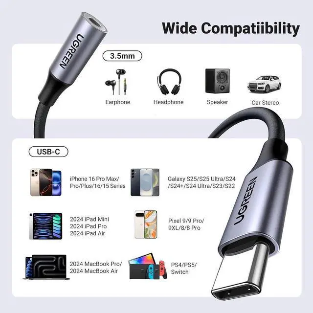 Alt view image 7 of 7 - JAENFONG USB C to 3.5mm Audio Adapter Type C to Headphone Aux Jack Dongle 24bit/96kHz HiFi DAC Cable Cord Compatible with iPhone 16 15 Pro Max/16 Plus iPad Galaxy S25 S24 Ultra Pixel 9 Grey