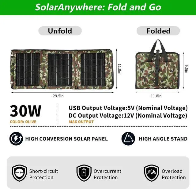 Alt view image 2 of 7 - JAENFONG Upgraded Portable Solar Charger Foldable Solar Panels USB Ports 30W Solar Charger(5V/3A Max) Waterproof for Camping Backpacking Compatible with Cell Phone iPhone iPad Galaxy LG