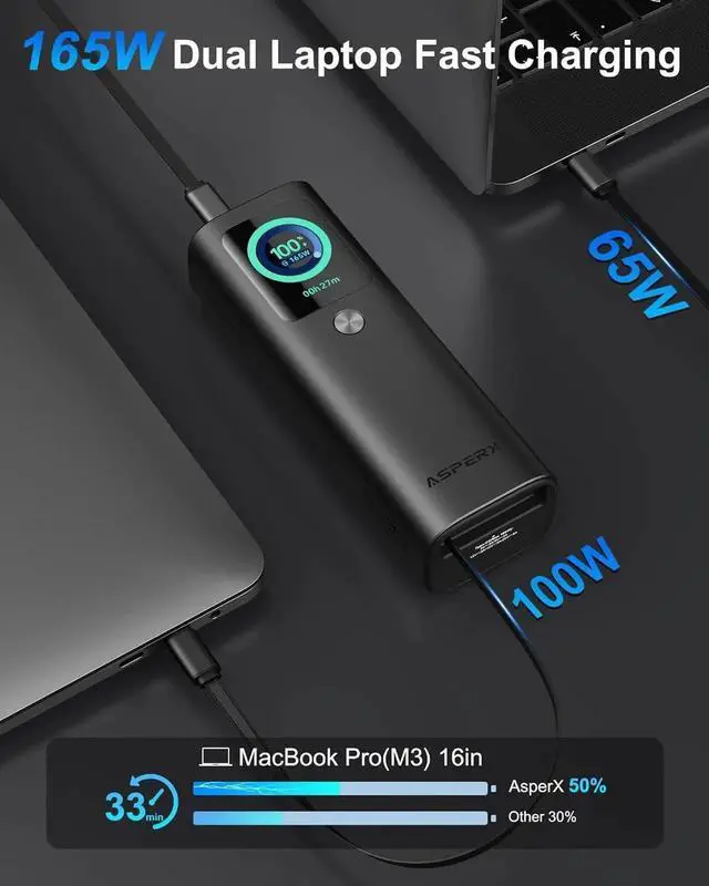 Alt view image 3 of 7 - JAENFONG Laptop Power Bank 20 000mAh 165W Retractable Cables Aluminum Alloy Unibody Portable Charger Power Bank Battery Bank for MacBook Pro/Air/iPhone 16/iPad Pro/S25 Ultra//HP(Flight-Approved)