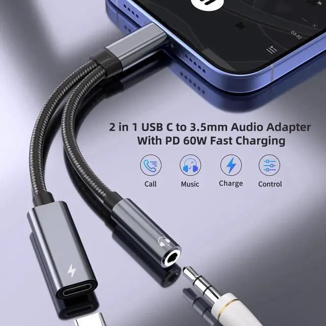 Alt view image 7 of 7 - JAENFONG Galaxy S25 Headphone Adapter USB C to AUX Mic Jack with PD 60W Fast Charging for Stereo Earphones Compatible with Galaxy S25/S25+/S25 Ultra/S24/S24+ Google Pixel 8/7