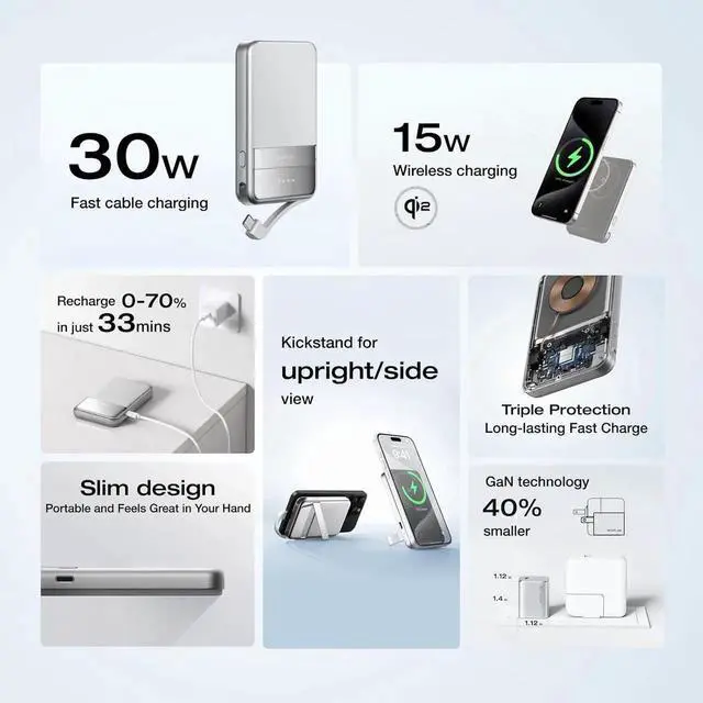 Alt view image 5 of 7 - JAENFONG Rapid Power Bank Wireless 5000mAh & 30W GaN USB C Charger Qi2 Certified Ultra-Fast Magnetic Portable Charger with Stand & Built-in Cables Battery Pack Compatible with iPhone 16/15/14/13