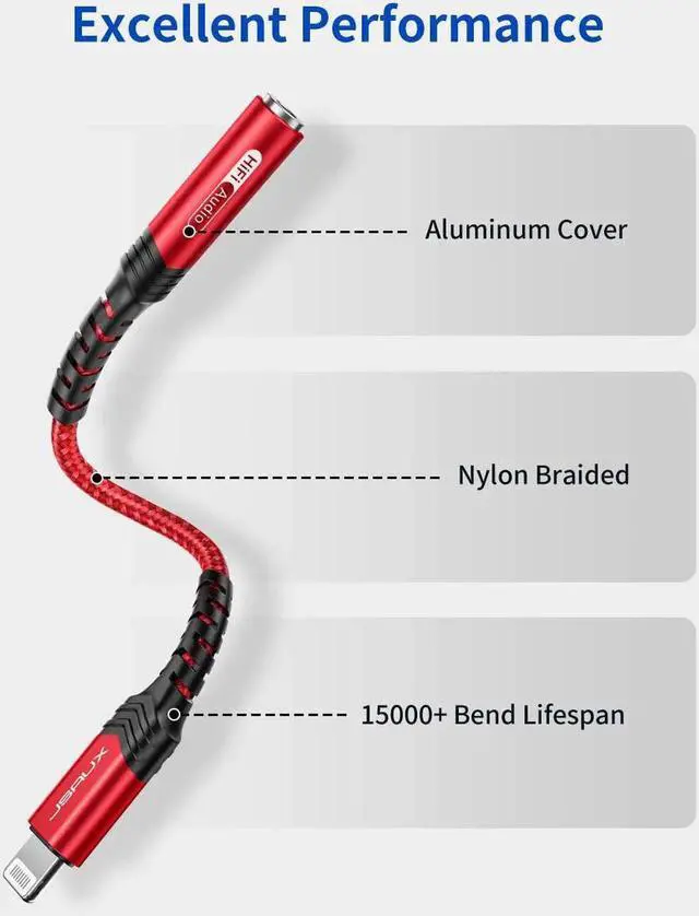 Alt view image 6 of 7 - JAENFONG Headphone Adapter for iPhone Lightning to 3.5mm Adapter [ MFi Certified] Compatible with iPhone 14 Pro Max/14 Plus/13 12 11 Pro Max/SE/XS-Red