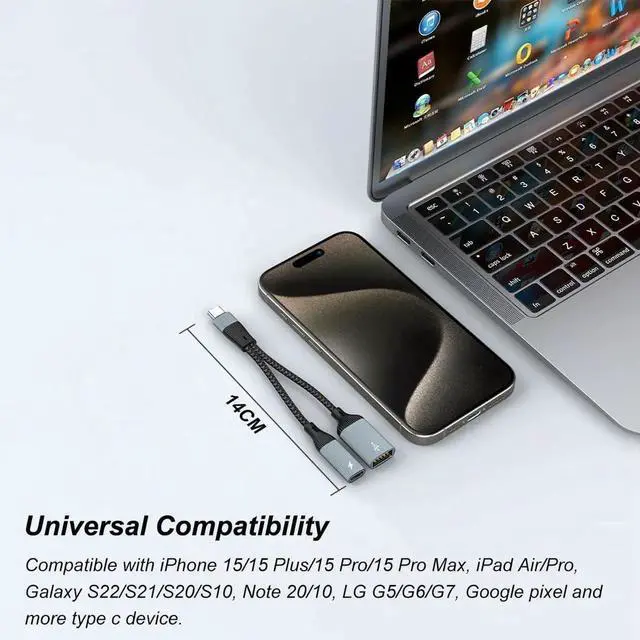 Alt view image 6 of 6 - JAENFONG USB C Splitter 2-in-1 USB C to USB OTG Adapter with PD 60W Charging Port Compatible with iPhone 16/15 Series iPad MacBook Galaxy S24/S23 and More