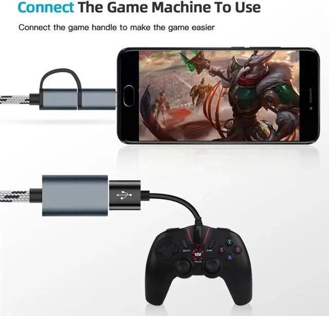 Alt view image 4 of 7 - JAENFONG GANA 2-in-1 OTG Adapter USB to Type-C & Micro USB Nylon Interface Fast Transfer Connector Cellphone Charging Line (Grey)