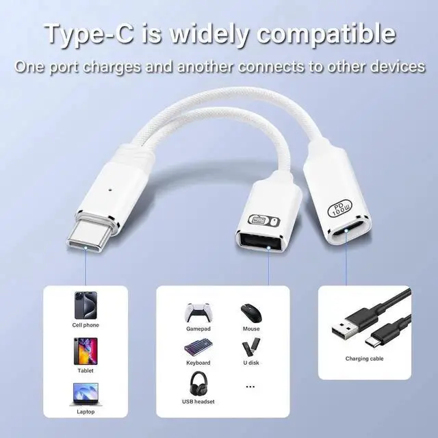 Alt view image 6 of 6 - JAENFONG USB C to USB OTG Adapter 1 in 2 Splitter USB C Male to USB A Female with 100W PD Charging Cable Type C OTG Female for Smartphone Tablet Laptop etc