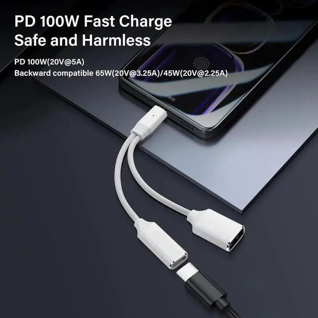 Alt view image 4 of 6 - JAENFONG USB C to USB OTG Adapter 1 in 2 Splitter USB C Male to USB A Female with 100W PD Charging Cable Type C OTG Female for Smartphone Tablet Laptop etc