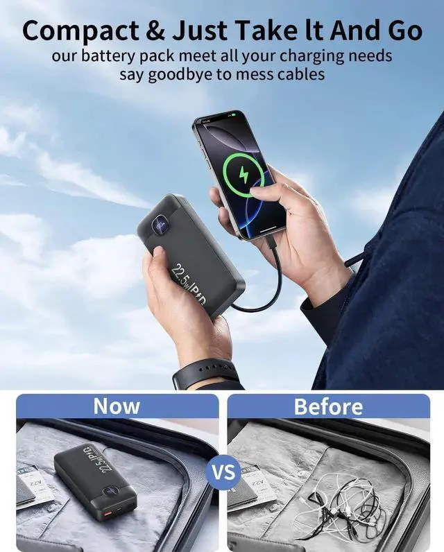 Alt view image 2 of 7 - JAENFONGPortable Charger with 4 Built-in Cables 20000mAh Power Bank 22.5W PD Fast Charging with USB-C In/Out LED Display Battery Pack Slim Travel Essential Compatible with iPhone Android iPad etc