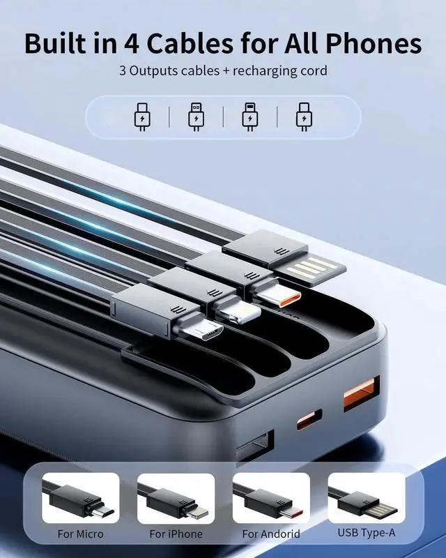 Alt view image 5 of 7 - JAENFONGPortable Charger with 4 Built-in Cables 20000mAh Power Bank 22.5W PD Fast Charging with USB-C In/Out LED Display Battery Pack Slim Travel Essential Compatible with iPhone Android iPad etc