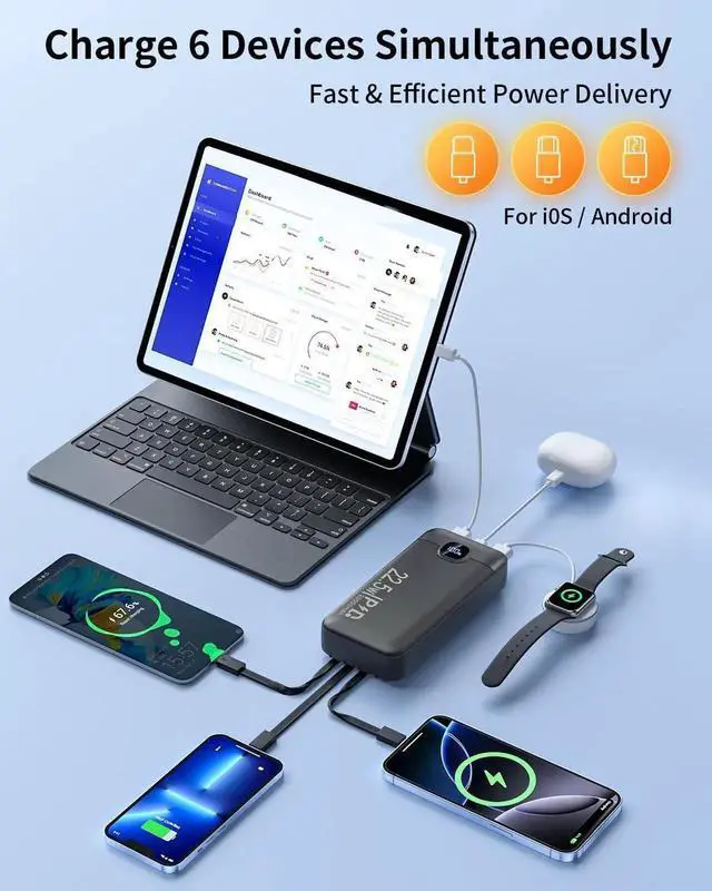 Alt view image 3 of 7 - JAENFONGPortable Charger with 4 Built-in Cables 20000mAh Power Bank 22.5W PD Fast Charging with USB-C In/Out LED Display Battery Pack Slim Travel Essential Compatible with iPhone Android iPad etc