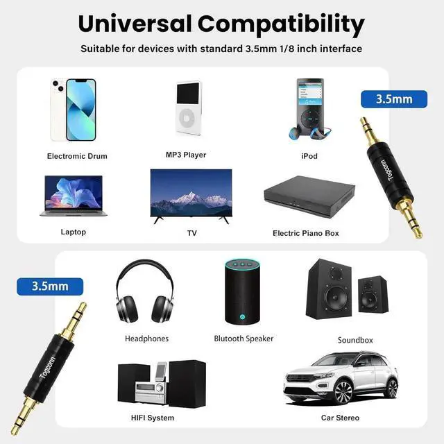 Alt view image 3 of 5 - JAENFONG Gold-Plated 3.5mm Audio Adapter 2 Pack - 3-Pole TRS to 3.5mm Jack Coupler for BT Receiver MP3 Player Car Transmitter Speakers