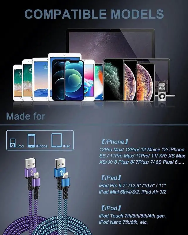 Alt view image 4 of 6 - JAENFONG USB A to Lightning Cable-2Pack/6Ft Nylon Braided Long iPhone Charger Cord Approved Fast Charging Power Wire for iPhone 14 Pro Max 13 Pro Max 13Pro 13 13 Mini 12 11 10 XR XS X 8 Plus 7 6 6s