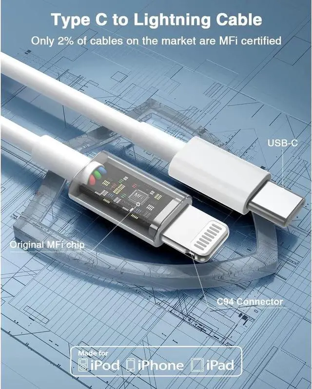 Alt view image 4 of 7 - JAENFONG USB C to Lightning Cable (2pack 6ft) MFi Certified iPhone Fast Charger 2m Power Delivery Original Type C Charging Cord for iPhone 13/12/11 Pro/11/XS MAX/XR/8/7/6s Plus iPad (White)