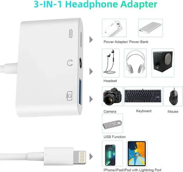 Alt view image 6 of 7 - 3-in-1 Lightning to 3.5mm Jack Headphone+Charge+Camera Adapter MFi Certified USB to iPhone OTG Audio Aux Adapter Connect Flash Drive/Card Reader/Mouse/Keyboard/Earphone for iPhone 14 13 12 11