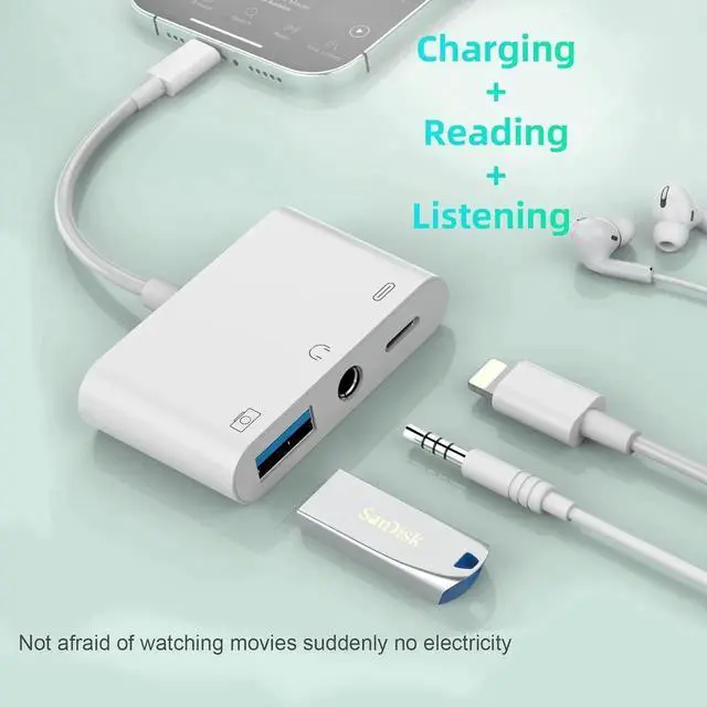 Alt view image 5 of 7 - 3-in-1 Lightning to 3.5mm Jack Headphone+Charge+Camera Adapter MFi Certified USB to iPhone OTG Audio Aux Adapter Connect Flash Drive/Card Reader/Mouse/Keyboard/Earphone for iPhone 14 13 12 11
