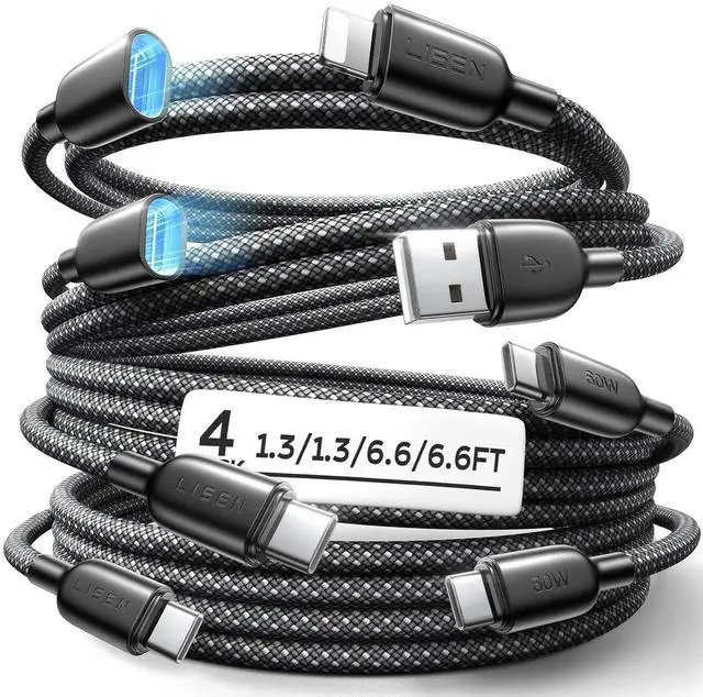 Main image of JAENFONG USB C Cable to Lighting Fast 4 in 1 Multi Charging Cable [4 Pack] 2*USB C to USB C 6.6FT 1*Lighting Extension Cable+1*C Female to USB A 1.6FT for iPhone 16/15/14 Pro max S25/24/23