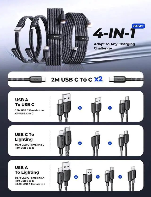 Alt view image 6 of 7 - JAENFONG USB C Cable to Lighting Fast 4 in 1 Multi Charging Cable [4 Pack] 2*USB C to USB C 6.6FT 1*Lighting Extension Cable+1*C Female to USB A 1.6FT for iPhone 16/15/14 Pro max S25/24/23