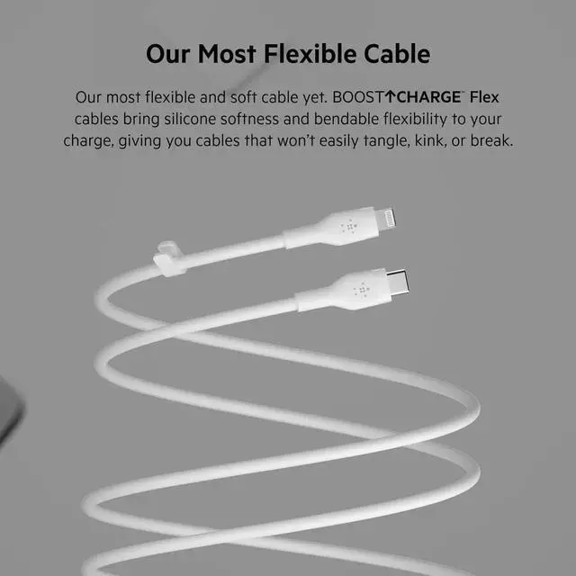 Alt view image 3 of 7 - JAENFONG BoostCharge Flex Silicone USB-C to Lightning Cable (1M/3.3FT) MFi-Certified Charging Cable for iPhone Series with Cable Clip - White