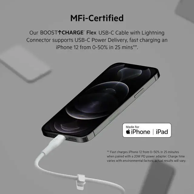 Alt view image 5 of 7 - JAENFONG BoostCharge Flex Silicone USB-C to Lightning Cable (1M/3.3FT) MFi-Certified Charging Cable for iPhone Series with Cable Clip - White