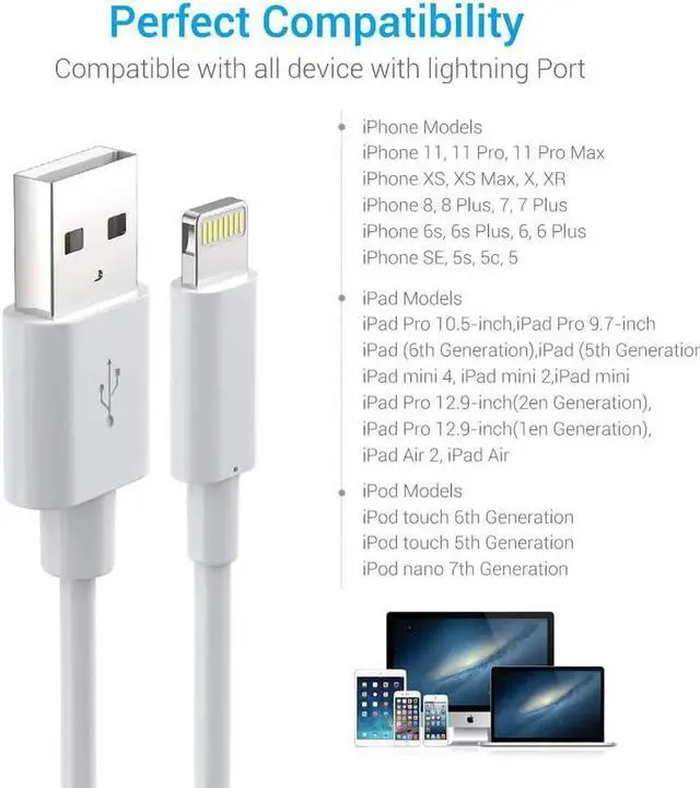 Alt view image 4 of 7 - Lightning Cable MFi Certified - iPhone Charger 3Pack 6FT Lightning to USB A Charging Cable Cord Compatible with iPhone 14 13 12 Mini Pro Max SE 11 Xs Max XR X 8 7 6 Plus 5S iPad Pro Airpods - White