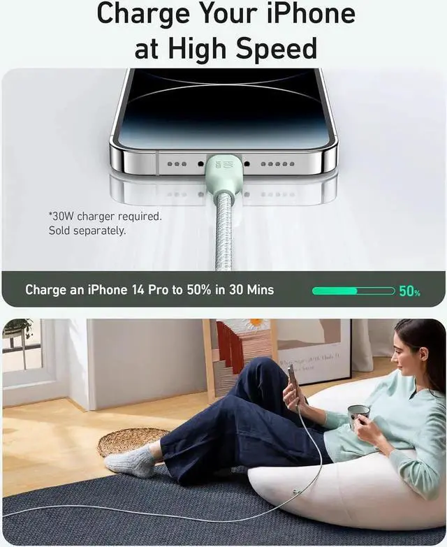 Alt view image 7 of 7 - JAENFONG USB C to Lightning Charging Cable 541 Organic Nylon Charging Cable MFi Certifiedfor iPhone 14/ Plus/Pro Max 13/ Pro 12 11 X XS XR