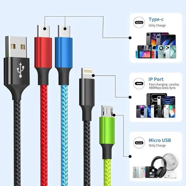 Alt view image 7 of 7 - JAENFONG Travel Essentials Multi Charging Cable [2Pack 5FT] Nylon 4 in 1 Charging Cable USB Cables Phone Charger with IP/Type C/Type C/Micro Port Compatible with Most Cell Phones/Tablets and More