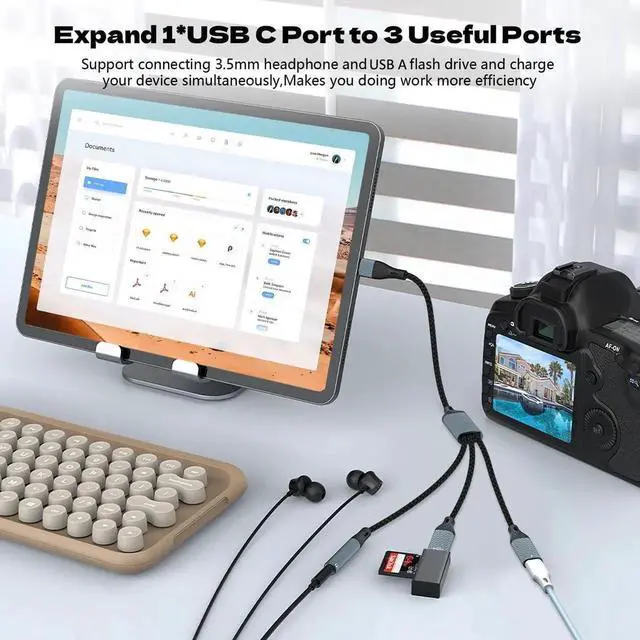 Alt view image 3 of 6 - USB C Splitter USB C to 3.5mm Headphone Adapter and PD 60W Charger Cable USB C to USB A OTG Splitter with Data Transfer Compatible with iPad Pro iPad Air 6/5 MacBook iPhone 16/15 Galaxy S24/S23