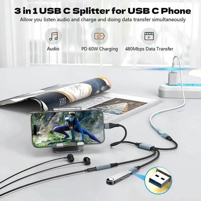 Alt view image 2 of 6 - USB C Splitter USB C to 3.5mm Headphone Adapter and PD 60W Charger Cable USB C to USB A OTG Splitter with Data Transfer Compatible with iPad Pro iPad Air 6/5 MacBook iPhone 16/15 Galaxy S24/S23