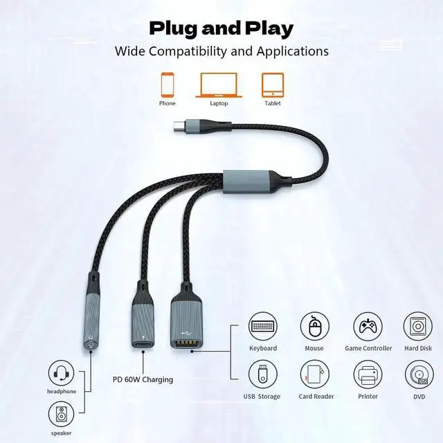 Alt view image 5 of 6 - USB C Splitter USB C to 3.5mm Headphone Adapter and PD 60W Charger Cable USB C to USB A OTG Splitter with Data Transfer Compatible with iPad Pro iPad Air 6/5 MacBook iPhone 16/15 Galaxy S24/S23