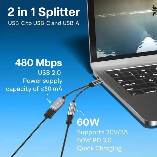 Alt view image 2 of 6 - JAENFONG USB-C to USB Adapter OTG - 2 in 1 Splitter USB C to USB A and USB C - Type-C Charging PD 60W Compatible with iPad iPhone 16 15 MacBook Galaxy S Galaxy Tab Xiaomi - Aluminum