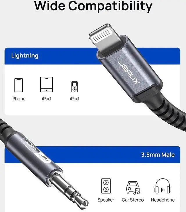 Alt view image 4 of 7 - JAENFONG Lightning to 3.5mm Audio Cord 6FT [ Mfi Certified] Aux Cable Compatible with iPhone 14/14 Pro/13/13 Pro Max/12/12 Mini/12 Pro/12 Pro Max/11 Pro/11 Pro Max/X/XR/XS Max/Car Stereo-Grey