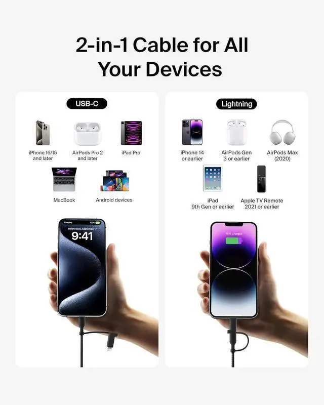 Alt view image 2 of 6 - JAENFONG BoostCharge Braided 2-in-1 USB-C Charging Cable w/USB-C & Lightning Connector (1.5M) Fast & Multi-Charging for iPhone Series iPad MacBook Galaxy Series Nintendo Switch 2 & More - Black