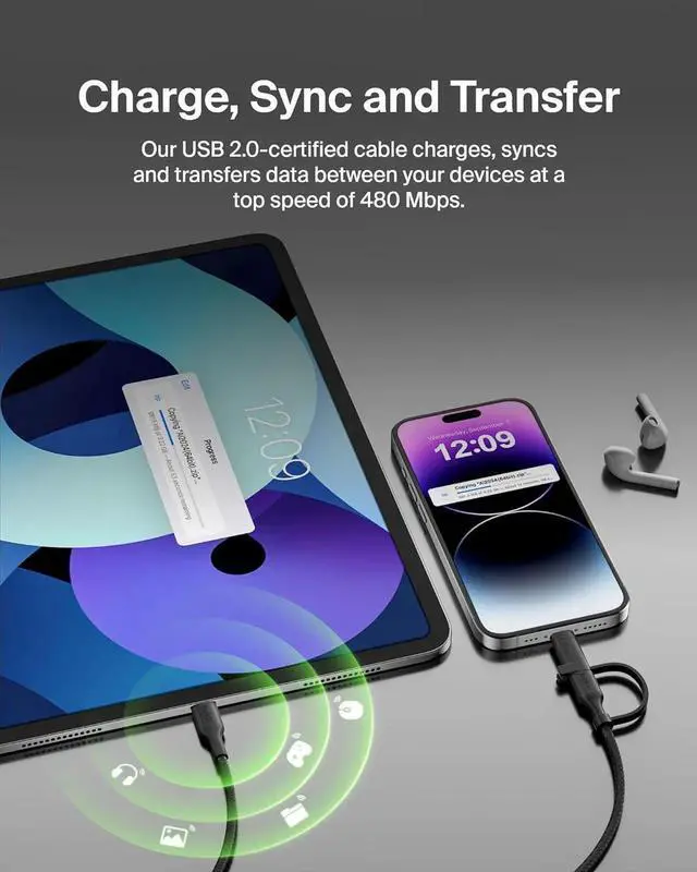 Alt view image 4 of 6 - JAENFONG BoostCharge Braided 2-in-1 USB-C Charging Cable w/USB-C & Lightning Connector (1.5M) Fast & Multi-Charging for iPhone Series iPad MacBook Galaxy Series Nintendo Switch 2 & More - Black