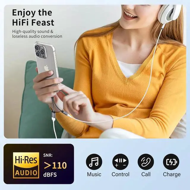 Alt view image 5 of 7 - USB C to 3.5mm Female Headphone and Charger Adapter 2-in-1 Type USBC to Aux Audio Jack Hi-Res DAC Adapter and Fast Charging Dongle Cable Compatible with iPhone 16/15 Pro Max Galaxy S22 S21 S20 Pixel