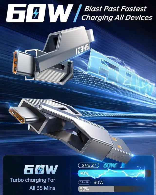 Alt view image 3 of 7 - [Upgraded 2.0] 4-in-1 USB C Cable 60W 5FT Compatible with Lightning Cable [Fast Charging & Data Transfer] Flat Braided Multi Charger Cord Combo with L/USB C/A Port for iPhone/iPad & All Devices