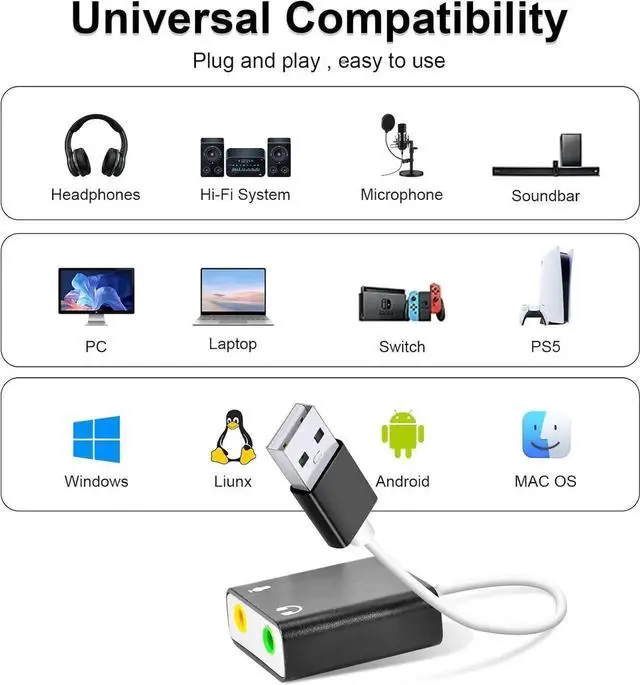 Alt view image 6 of 6 - JAENFONG USB Audio Adapter External Sound Card for PC and LaptopUSB Microphone Adapter to 3.5mm(1/8 inch) for Headphone Speaker and Microphone Jack Plug and Play