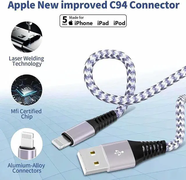 Alt view image 2 of 7 - 5 Pack Short Lightning Cable(8 Inch) [ MFi Certified] iPhone Fast Charging Cable USB to Lightning High Speed Data Sync Nylon Braided Cord for iPhone 14/13/12/11/XR/X/8/7/6/iPad/Airpods/PowerBank
