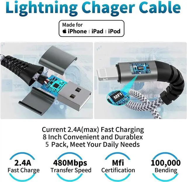 Alt view image 5 of 7 - 5 Pack Short Lightning Cable(8 Inch) [ MFi Certified] iPhone Fast Charging Cable USB to Lightning High Speed Data Sync Nylon Braided Cord for iPhone 14/13/12/11/XR/X/8/7/6/iPad/Airpods/PowerBank
