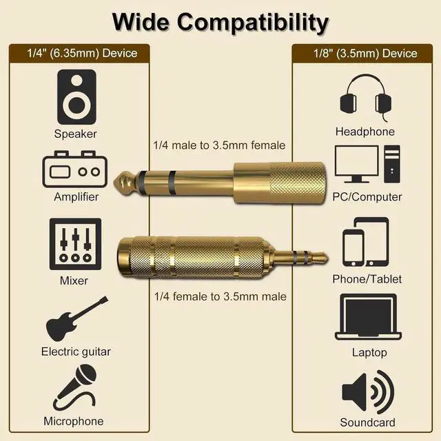 Alt view image 4 of 7 - JAENFONG 3.5mm to 1/4 TRS Adapter Set Audio Converter for Electric Guitar/Keyboard/Mixer/Amp Amplifier/Bass/Headphone/Headset 6.35mm to 1/8 Balanced Jack Connector for Laptop/Tablet/PC