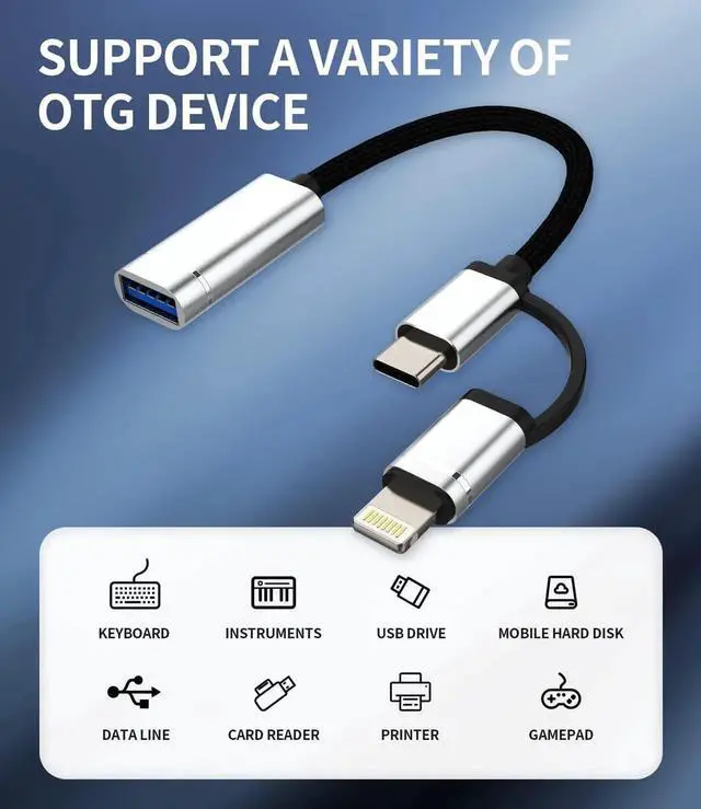 Alt view image 3 of 7 - JAENFONG OTG Cable Adapter(2in1) USB 3.0 Female to USB C Lightning Male Converter Type Thunderbolt Port Cord Dongle Camera Mouse Compatible for LG iPhone 15 Pro Max iPad Air 14 13 11 12 X 8
