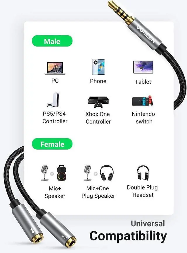 Alt view image 2 of 7 - JAENFONG Headphone Splitter 3.5mm 2 Female to 1 Male Mic and Audio Y Splitter TRRS Headset Adapter Cable Stereo Compatible with Switch 2/PS4/PS5 Steam Deck Xbox PC Laptop Phone Tablet Gaming