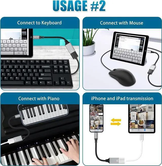 Alt view image 3 of 7 - JAENFONG 4 inch Lightning to USB Female Camera Adapter OTG Cable for iPhone iPad to Connect Card Reader USB Flash Drive MIDI Keyboard Mouse Hubs Plug & Play Dark Gray
