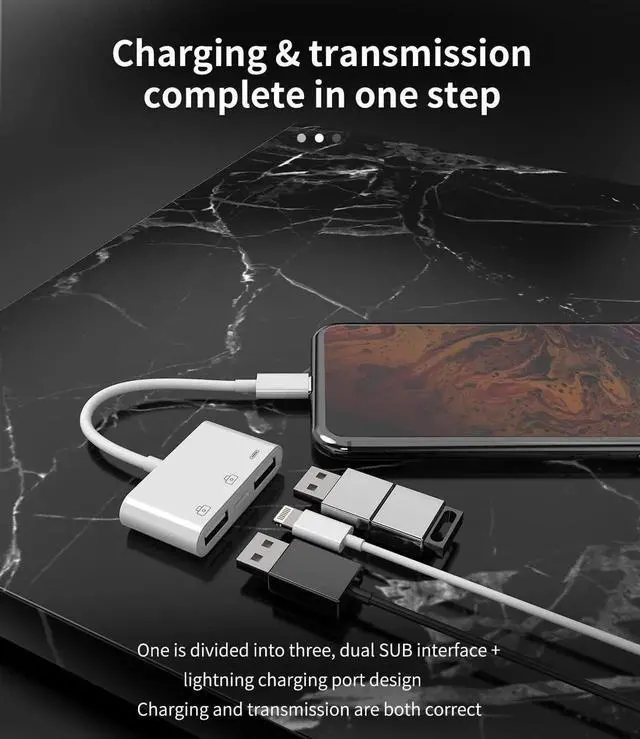 Alt view image 6 of 7 - iPhone OTG Adapter Charger Cable Dongle Lightning Male to Dual USB Female Camera Memory Stick Flash Drive Cord Reader Mouse Keyboard Converter Card Charging Splitter for 14 13 12 11 Pro Max 7 8