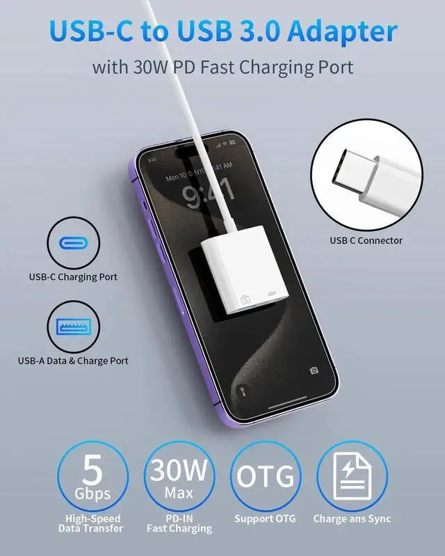 Alt view image 7 of 7 - JAENFONG USB C to USB 3.0 Adapter with 30W PD Charging USB-C Male to USB-A Female OTG Converter for MacBook Pro/Air 2016-2024 iPhone 16/15 Pro iPad Galaxy S24/S25 Pixel 5Gbps Data Transfer
