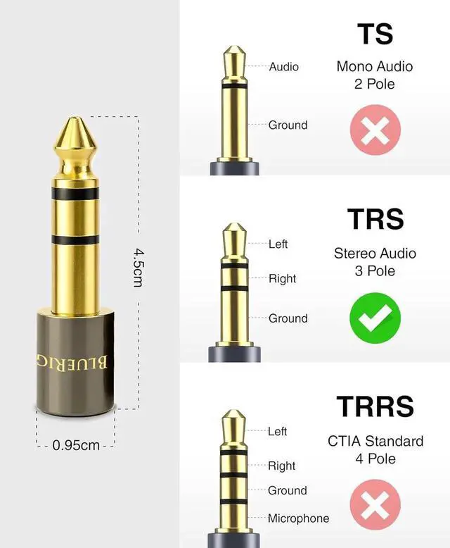 Alt view image 3 of 7 - JAENFONG 2-Pack 1/4 to 3.5mm adapter (TRS 1/4 to 1/8 AUX Audio Jack Converter Gold Plated Aluminum Shell 6.35mm Male to 3.5mm Female) Stereo Headphone Adapter for AUX Cable Guitar Amplifier Piano