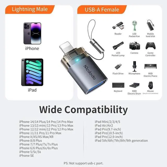Alt view image 7 of 7 - Mcdodo USB to Lightning OTG Adapter USB Female to Lightning Male Converter Support Camera Card Reader Mouse Keyboard Hubs Piano Converter Connect U Disk Compatible iPhone 14 13 12 11 iPad Air Pro Mini