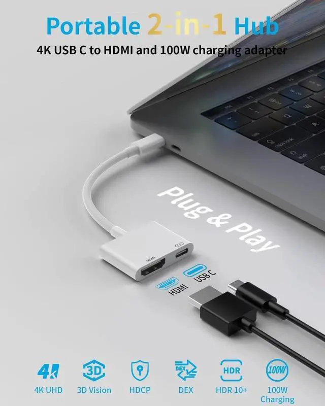 Alt view image 4 of 6 - USB-C to HDMI Adapter for iPhone 17 16 15 MacBook iPad 4K@60Hz Type C to HDMI Adapter with 100W PD Multiport Digital AV Converter for Galaxy Pixel Tablets Switch Laptop to HDTV Projector Monitor