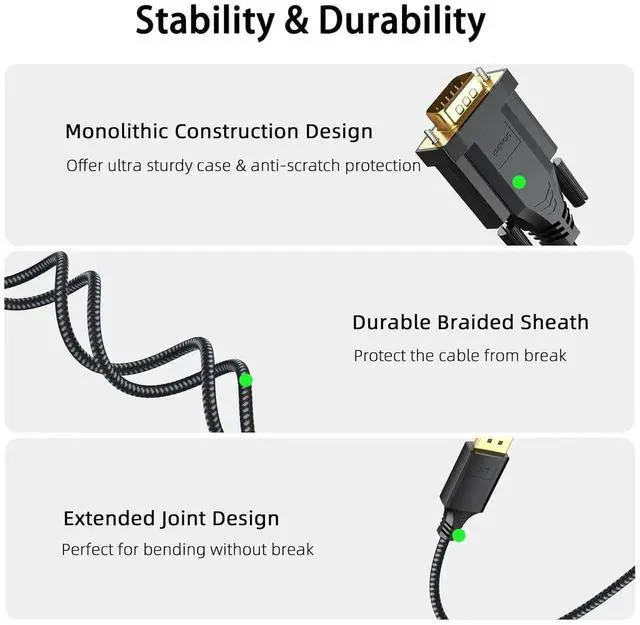 Alt view image 7 of 7 - JAENFONG DisplayPort to VGA Cable 6ft 2 Pack Display Port DP to VGA Adapter Cable Converter Male to Male Braided Cord for Monitor Desktop Laptop Display Projector HDTV