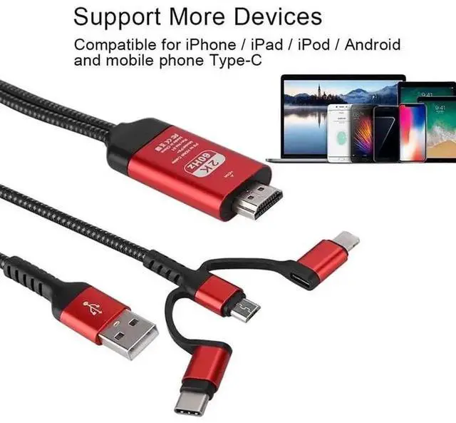 Alt view image 2 of 7 - JAENFONG 3 in 1 2M Type-C to Hd MHL Cable Audio Video Cable Micro USB Projection for iPhone Android to TV/Projector HDTV